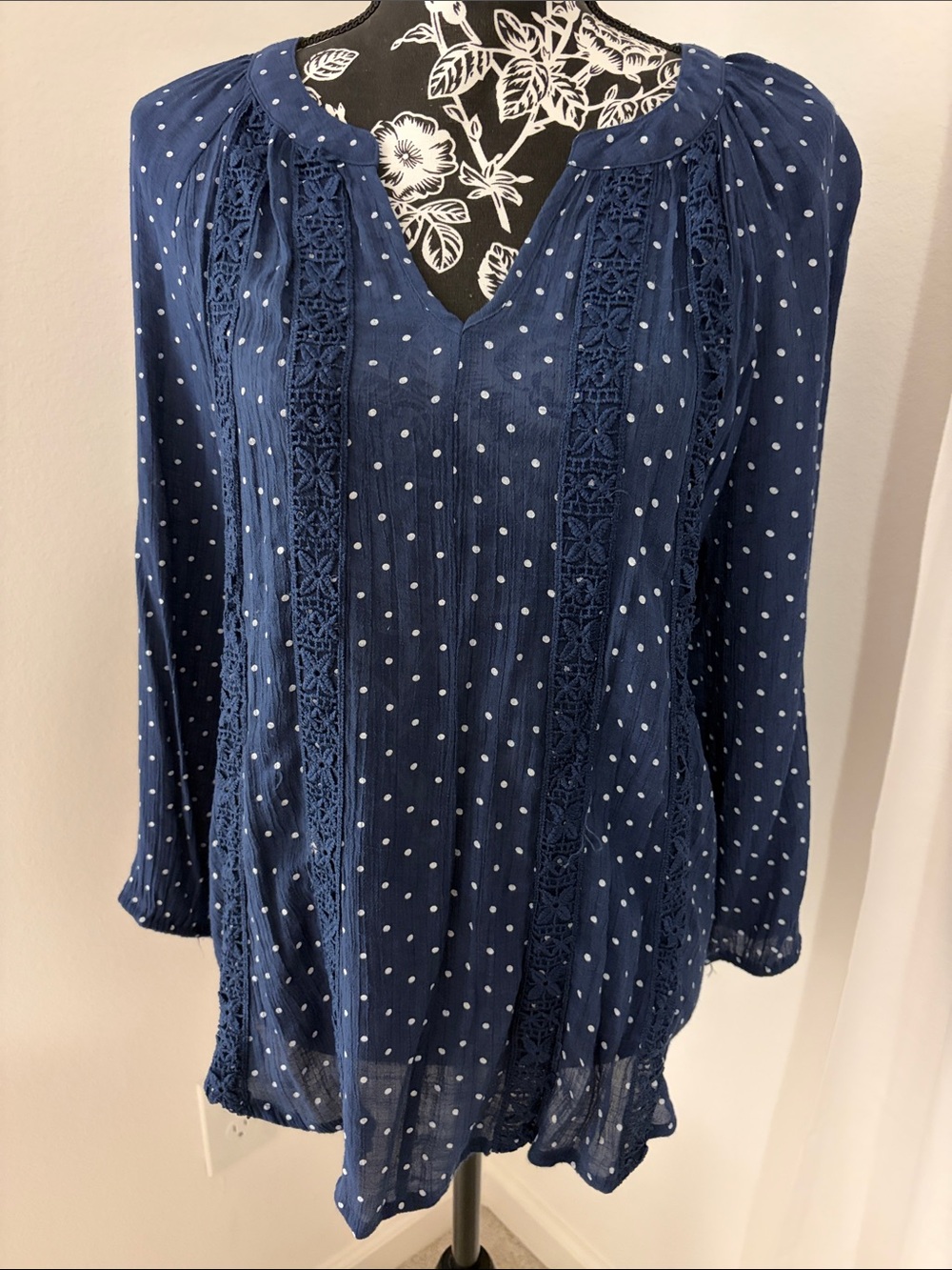 Counterparts Navy and White Polka Dot Lace-Trim Long Sleeve Top